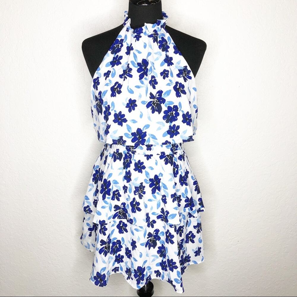 Mudpie white blue floral‎ sleeveless ruffle tiered dress size Small
